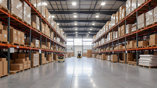 电商企业仓库内部，货架整齐排列，工作人员忙碌作业